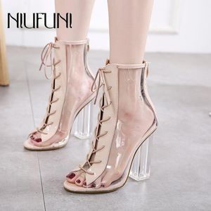 Stövlar Kvinnors Ankelband Niufuni 2021 Peep Toe Transparent Back Zipper High Heels Crystal Casual Skor För Kvinnor Femmes Bottes