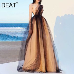 [Deat] Moda Verão Gola Irregular Um Ombro Piso-Comprimento Net Yarn Sem Mangas Khaki Vestido de Alta Qualidade 13C137 210527