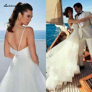 Lakshmigown Branco Flowy Nupcial Robe Beach Dress Spaghett Strap Verão 2021 Sexy Ruffles Tule Vestidos de Noiva