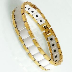 Länk, kedja masulinenergi Hälso- och sjukvård Magnetiska armband Mäns kvalitet Vit keramiska armbandskvinnans gyllene rostfritt stålband