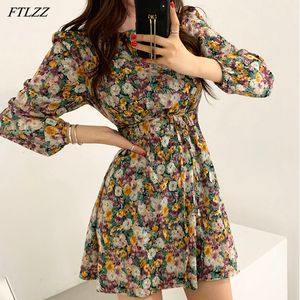 Wiosna Jesień Kobiety Elegancki Rękaw Puff Rękaw Kwiatowy Drukuj Dress Casual Lady Seaside Beach Vintage Długie Mini 210423