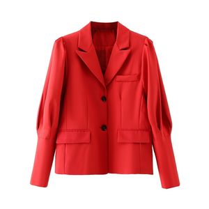 Elegant Women Red Puff Sleeve Blazers Fashion Ladies Pocket Jackets Streetwear Female Chic Notched Collar Coats 210430