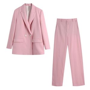 Katı Pembe Kruvaze Blazer Takım Elbise Kadın Moda Ofis Bayan için Moda Rahat Set Zarif Şık Dış Giyim Suit Kız 210430