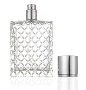 80ml四角グリッド彫刻香水瓶透明ガラススプレーボトル空の詰め替え可能なファインミストアトマイザー携帯用旅行噴霧器フレグランス容器噴霧器