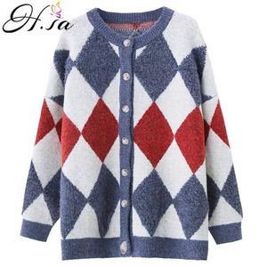 H.SA Casaco de Inverno Argyle Sweater Button Up Oversized Malha Longa Jaquetas Grosso Quente Cardigans 210417