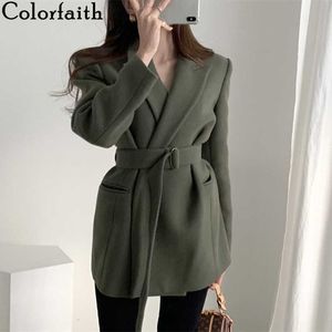 Colorfaith New 2021 Winter Spring Women Blazers Woolen Formal Jackets Outerwear Lace Up Office Lady Wild No Quilted Tops JK1803 X0721