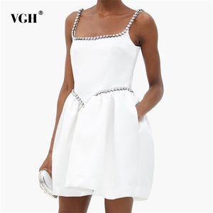 女性のための白い甘いスリングドレスのための正方形の襟のノースリーブの高い腰のパッチワークダイヤモンドミニドレス女性夏210531