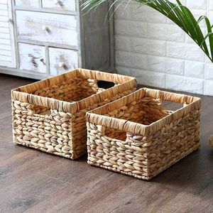 Storage Baskets Containers Desktop Natural Water Hyacinth Rectangular Bins Organizer Box woven Straw 210609