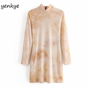 Abito vintage in maglia con stampa tie-dye da donna Colletto alla coreana Manica lunga Casual Autunno Donna Sexy Matita Corta vestido 210514