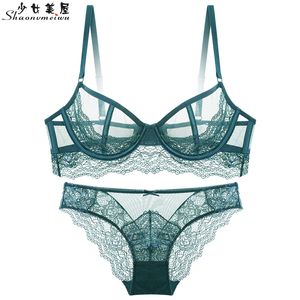 Lace ultra-thin sexy transparent thong underwear set bra thin dark green breast slimming X0526