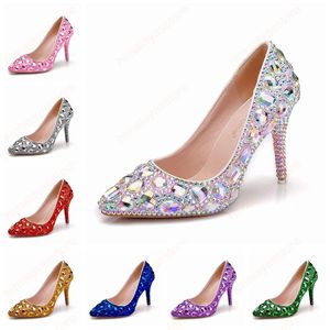 Women High Heels Evening Party Shoes Glittering Round Toe Custom Silver Rhinestone Wedding Pumps