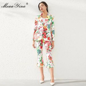 Moda Designer Set Primavera Mulheres Longa Manga Tops + 3/4 Calças Imprimir Floral Two-Piece Set 210524