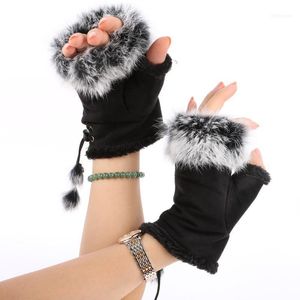 Women Faux Fur Hand Fingerless Gloves Mittens Warm Leather Suede Warmer Wrist GlovesWinter1