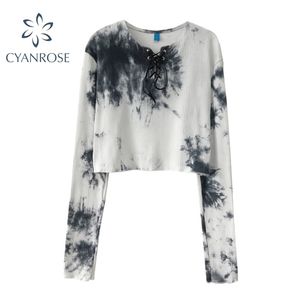 Tie Dye Knit Rib Crop T Shirt Summer E-Girl High Street Long Sleeve Lace up Crewneck Harajuku Tees Retro Club Ins Tops 210515