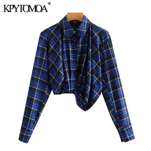 Women Fashion With Knot Cropped Check Blouses Long Sleeve Side Zipper Female Shirts Blusas Chic Tops 210420
