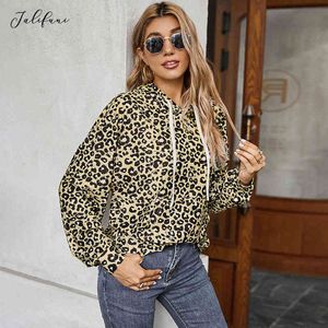 Autumn Winter Sweatshirt Vintage Leopard Tryckt Pullover Hoodies Klädtoppar för kvinnor full ärmar Casual Fall Fashion 210415