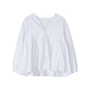 Women Beige White V-neck Lantern Sleeve Long Loose Solid Pleated Blouse Shirt Spring Summer B0498 210514