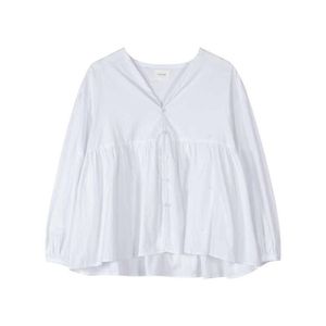 Mulheres Bege Branco Decote em v Lanterna Lanterna Longa Sólida Sólida Blusa Plissada Camisa Primavera Verão B0498 210514