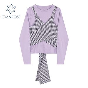 Lila Eleganta Tees Toppar Kvinnor Plaid Straple Vest Bandage Spliced ​​Snygg Koreansk Vintage Spring Långärmad Ins T-shirt OL 210417