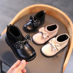 Boots 1-6Y Autumn Winter Girls Polka Dots Bow Knit Ankle Korean Children Princess Shoes Thin Cotton Fashion Kids Short