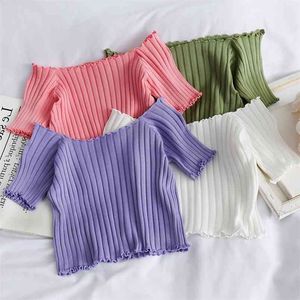 Wwenn Off Ramię Knitting Pullover Crop Tops Kobiety Krótki Rękaw Rozciągliwy Ruffles Hem Koszulki Cienkie Slash Pull Femme 210507