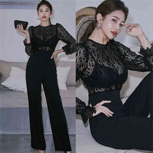 Chegadas Spring Spring Sexy Sexy Out Lace Patchwork Jumpsuits Mulheres Casual Slim Pernas largas Romper Trabalho formal Wear Playsuit 210519