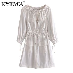 Women Chic Fashion With Pockets White Mini Dress Vintage Elastic Neck Drawstring Tied Female Dresses Vestidos 210416