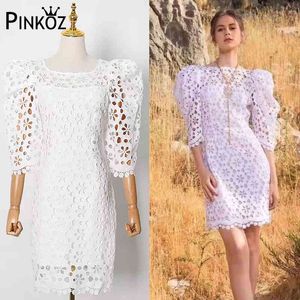 Runway Designer O-Neck Puff Sleeve Vit Mini Lace Penna Klänningar för Party Women Lady Summer Fashion Robe de Mujer 210421