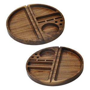 Vassoio di rotolamento in legno naturale di forma rotonda Accessori per fumatori in noce con diametro della scanalatura 218 mm Vassoi per rotoli di tabacco Sigaretta