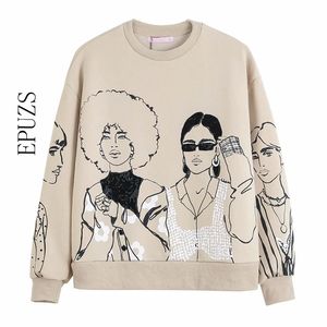 Bahar Kadın Moda Güzellik Kız Baskı Tişörtü Kadın O Boyun Örme Hoodies Kazak 210521