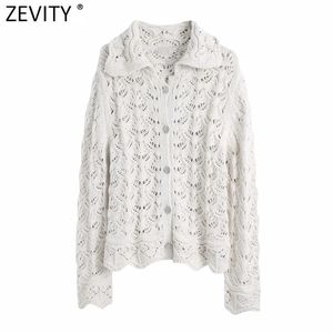 Kobiety Moda Odwróć Kołnierz Hollow Out Crochet Knitting Cardigans Sweter Kobiet Chic Diamentowe Przyciski Dorywczo Topy S592 210420