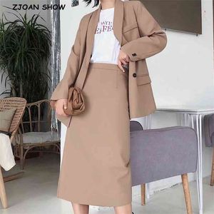 Herbst Zweireiher Button Mid Long Blazer Hohe Taille Mitte Wade Zurück Schlitz Röcke OL Frauen Ärmel Anzüge 2 Stück Set 210429