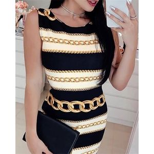 Sexy Drukuj Łańcuch Paski Tight Dress Moda Okrągły Neck Bez Rękawów Mini 210623