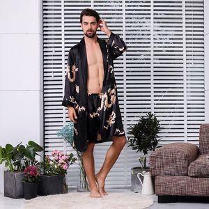 Mens Plus Size Sleepwear Satin Silk Underkläder Nightwear Långärmad Dragon Tryckt Badrock Robes M-5XL