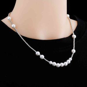 1 New Fashion Charm Iced Out Bling 8mm Round Large Pearl Necklace Luxury Chain Hip Hop Jewelry Choker for Women Gift Lover X0509