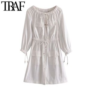 Women Chic Fashion With Pockets White Mini Dress Vintage Elastic Neck Drawstring Tied Female Dresses Vestidos 210507