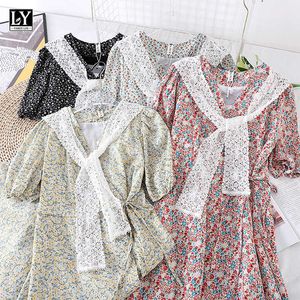 LY Varey Lin Summer Women Sweet Floral V-Neck High Waist Sukienki + Koronki Szal Dorywczo Szyfonowa A-Line Kobiet Średnia Dress Dress 210526