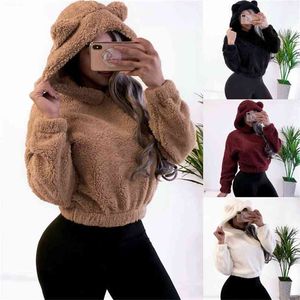 Lovely Bear Ears Warm Plush Hoodies Women Autumn Shoulder Crop Top Teddy Fashion Pullover Sweatshirt Harajuku Hooded Hoodie 210805