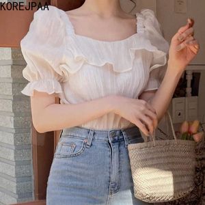 Korejpaa Frauen Hemd Sommer Koreanische Chic Französisch Stil Quadrat Kragen Holz Ohr Falten Design Lose Dünne Puff Sleeve Blusen 210526