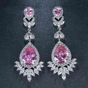 Brand Luxury Pink 3 Colors Crystal Earrings Pear Cut Long Drop Women Wedding Earring with Cubic Zirconia Jewelry