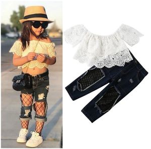 Kids Baby Girl Clothes Sets 2021 Summer Children Off Shoulder Lace Blouse Tops + Fishnet Ripped Denim Pants Jeans Outfits