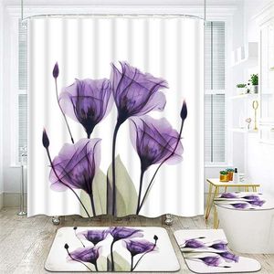 Tulip Lotus flores árvores cortina de chuveiro floral conjuntos antiderrapante tapetes toalete tampa tampa e esteira de banho cortinas impermeáveis ​​211116