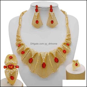 Armband, Ohrringe, Halskette, Schmuck-Sets, feines Braut-Set, nigerianische Hochzeit, Dubai, Gold für Frauen, afrikanischer großer roter Stein, Schmuck-Tropfen