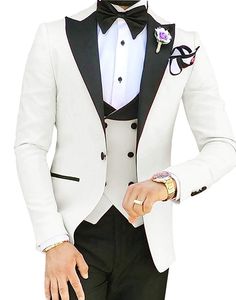 Mens 3 stycken kostymer bröllop tuxedos svart toppad lapel skräddarsydda terno trim passform brudgummen formell slitage bröllop fest man blazer prom kvällsklänningar (jacka + byxa + väst)