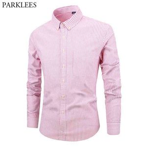 Pembe Çizgili Uzun Kollu Gömlek Erkekler Marka Oxford Pamuk Slim Fit Casual Düğme Aşağı Elbise Gömlek Erkek Foramal Business Chemise 210522