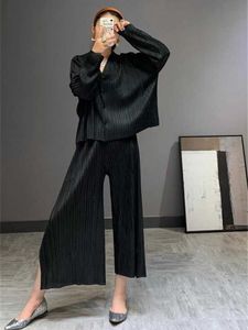 Miyake Pleated Pleat Miyake Sets Matching Sets Dress Fall Plus Size Tamanho de Alta moda 2 Peças de pernas largas Cultura superior de manga longa Mulheres Pantskirt 319