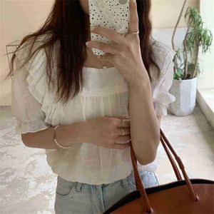 Sweet Ruffles Quadrado Collar Sólida Verão Solta Breve Femme Chic Streetwear Shorts Sleeves Camisas Tops 210525