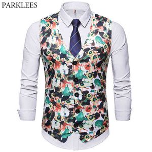 Floral Print Vest Men Fruit Print Men Vest Casual Slim Fit Mens Waistcoat Fashion Streetwear Stage Costumes Men Suit Vests Gilet 210524