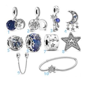 Fits Pandora Sterling Silver Bracelet 20pcs Blue Starry Moon Stars Enamel Crystal Beads Bag Charms For European Snake Charm Chain Fashion DIY Jewelry Wholesale