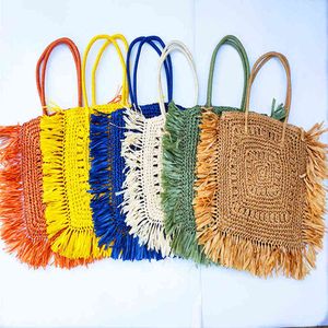 Mode väska tote tassel halm axel s för kvinnor Böhmen stor kapacitet vävt boho rotting handväska ihålig resa strand 1130